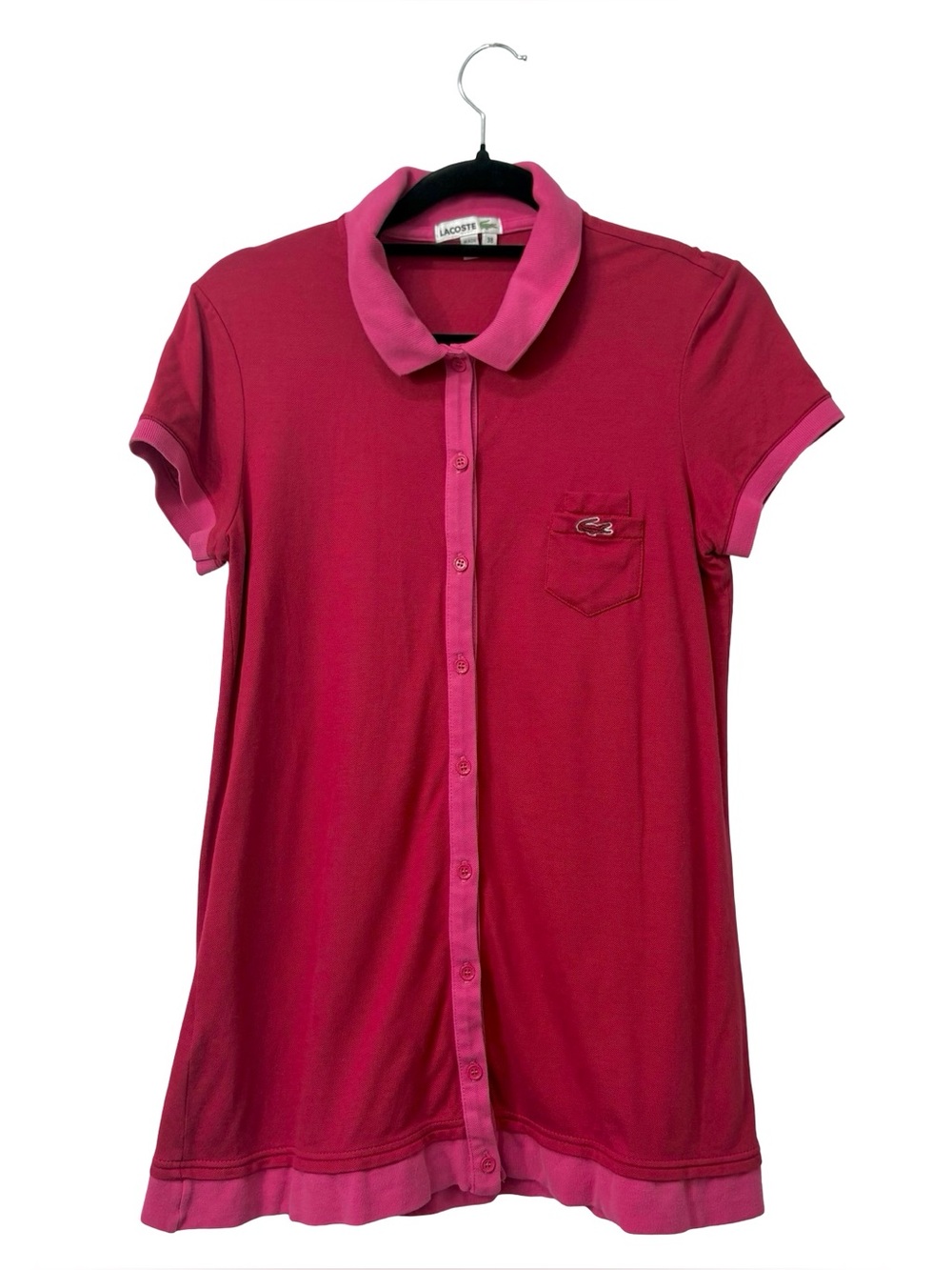 Lacoste Red Colorblock Pink Button Down Long Polo Shirt Women’s Size 38 France